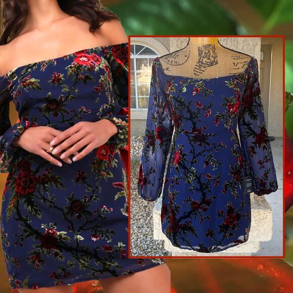 Lulus Magnificent Charm Navy Floral Burnout Velvet Off-the-Shoulder Dress Siz S - Picture 2 of 12
